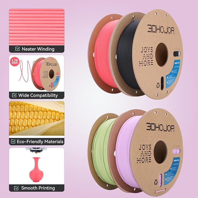 3DHoJor Matte PLA Filament 1.75mm 1kg*4 Bundle Cardboard Spool PLA Filament 1.75 PLA 3D Printing Filament, Print with Most 3D Printers 3D Filament-Strawberry red/Lilac/Matcha Green/Dark Blue