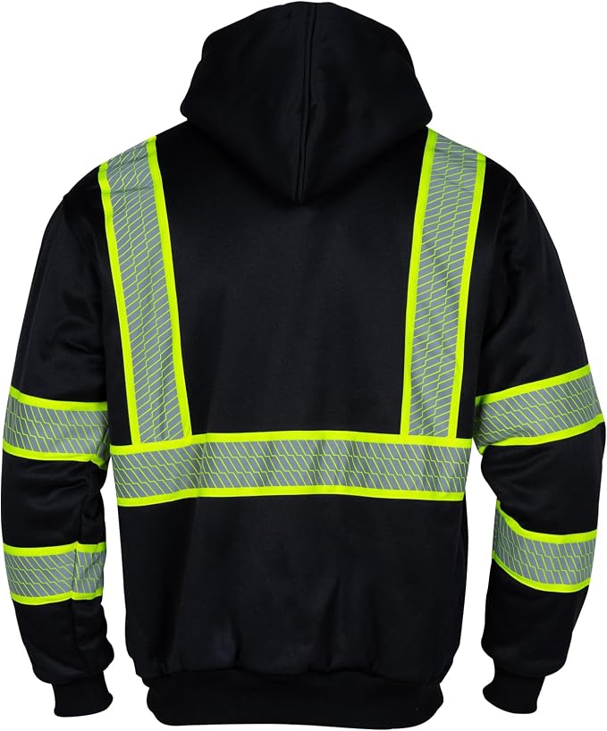 VENDACE Men's ANSI Class 3 High Vis Safety Reflective Sweatshirt Wool Fleece Zipper Jacket Hoodie with Black Bottom(Black,XL)