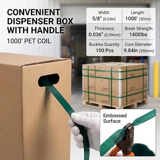 Heavy Duty Pallet Packaging Banding Strapping Kit - Complete Manual Banding Tool Set with 1000ft 5/8'' Polyester (PET) Strapping,Tensioner(Red)