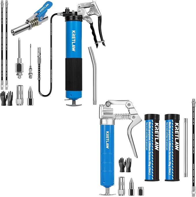 KRETLAW Grease Gun, 7000 PSI Heavy Duty Professional Pistol Grip Grease Gun Kit with Double Grease Injector Needle and 18" & 2pc 12" Flex Hose,14oz