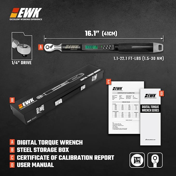 EWK 1/4" Drive Digital Angle Torque Wrench 1.1-22.1 ft-lbs (1.5-30 Nm) | ±1.5% clockwise / ±2.5% counterclockwise and angle accuracy of ±2%, LCD Display, LED Buzzer Vibration Alert, 30 Memory Values