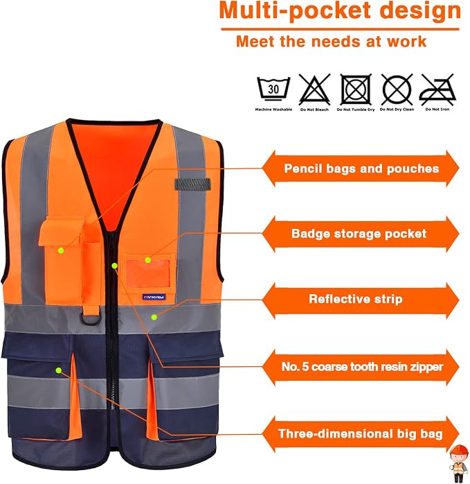 A-SAFETY Hi-Vis Reflective Vest, Radio Loop, Front Zipper, Orange/Navy, XL | Orange/Navy XL Polyester work vest with 7 pockets, black front zipper and reflective strips for road work and utility work.