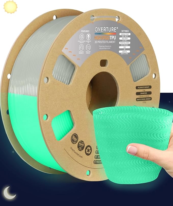 OVERTURE High Speed TPU 95A Flexible 3D Printer Filament 1.75mm | High Elasticity & Durability Filament,1kg Spool(2.2lbs),Fit Most FDM Printer(HS TPU Luminous Green)