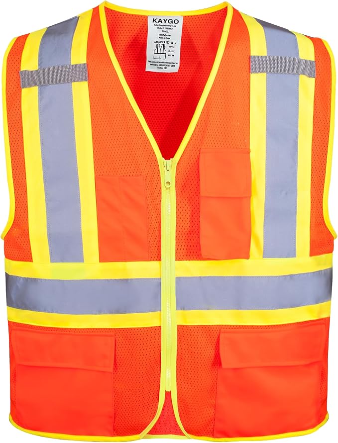 KAYGO Reflective High Vis Safety Vest with Pockets for Men and Women KG0100 | Breathable Polyester Lightweight, Two-Tone, ANSI Class 2, for Construction, Warehouse, Surveying, Cycling, Machine Washable