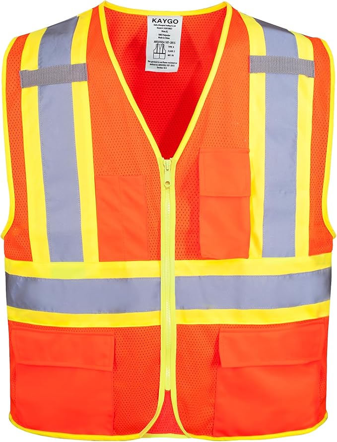 KAYGO Reflective High Vis Safety Vest with Pockets for Men and Women KG0100 | Breathable Polyester Lightweight, Two-Tone, ANSI Class 2, for Construction, Warehouse, Surveying, Cycling, Machine Washable
