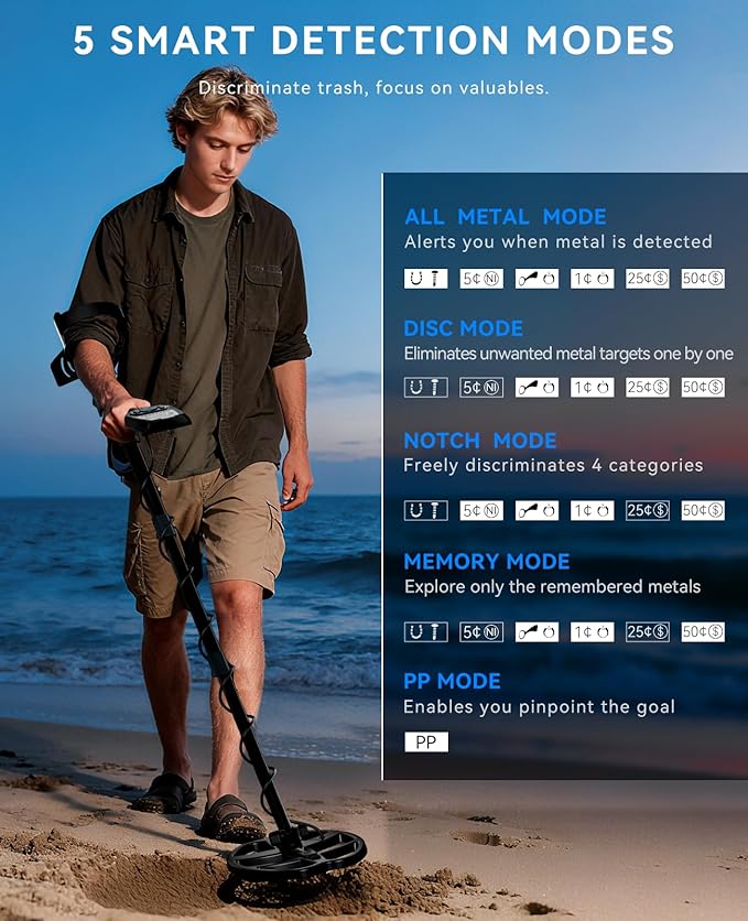 SUNPOW Professional Metal Detector for Adults Rechargeable - 6 Metal ID, IP68 Waterproof Coil, LCD Display, 5 Search Modes Metal Detector for Beach/River/Outdoor Treasure Hunting, OT-MD16