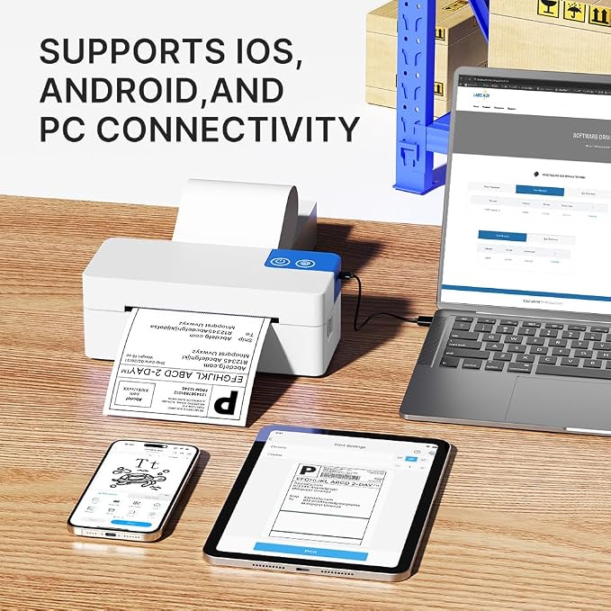 Bluetooth Thermal Shipping Label Printer, 4x6 Portable Direct Thermal Printer, Compatible with iPhone, Android, Windows and Mac, Widely Used for USPS UPS Amazon Shopify Etsy, White