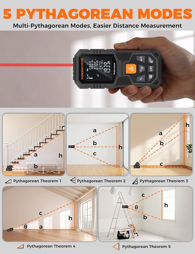 Laser Measure Tool (262ft/80m, ±2mm) with Tripod Mount and Angle Sensor | POROMETISTO 12 Modes（ Angle, Area, Volume, Pythagorean）Handheld Laser Distance meter for Home Construction