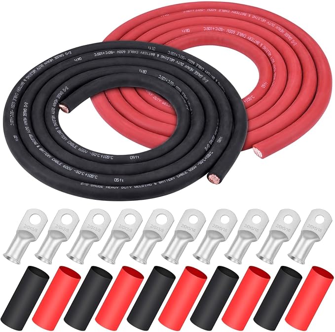 iGreely 2/0 Gauge 2/0 AWG Wire 10 Feet Black + 10 Feet Red Welding Battery Pure Copper Flexible Cable + 5pcs of 5/16" & 5pcs 3/8" Copper Cable Lugs Terminal Connectors+Heat Shrink Tubing