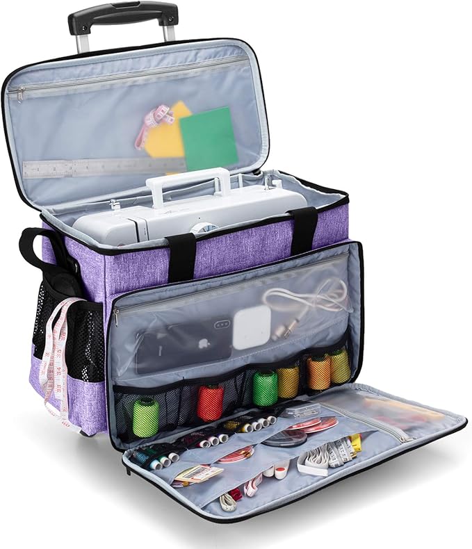 Yarwo Upgraded Rolling Sewing Machine Carrying Case, Detachable Trolley Tote Bag with Removable Bottom Board and Thickened Trailer Leg for Most Standard Sewing Machine and Accessories, Purple