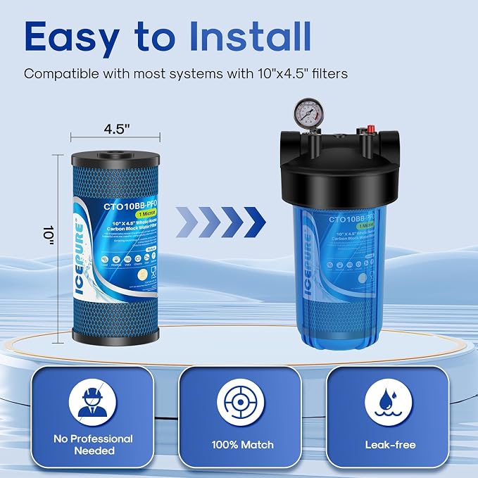 ICEPURE 1 Micron 10" x 4.5" Whole House PFOA/PFOS Carbon Water Filter Cartridge Replacement for Dupont WFHDC8001,EP Series,EPM Series,CB-BB-10, GE FXHTC, GXWH40L, GXWH35F, GNWH38S, CTO10BB, Pack of 1