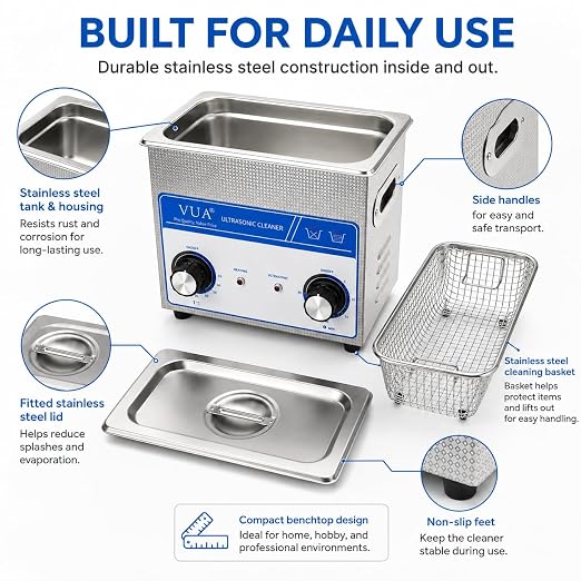 3L Ultrasonic Cleaner Machine with Heater, 40kHz Professional Ultrasonic Jewelry Cleaner with Timer Control, Stainless Steel Sonic Cleaner for Watches, Glasses, Rings, Retainers, Small Parts and Tools