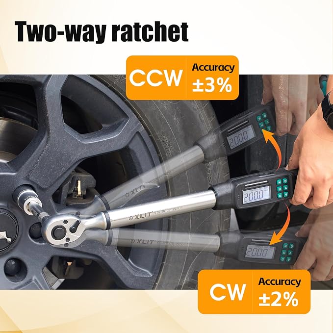 1/2" Digital Torque Wrench 4.4-147.5 ft-lb/6-200 Nm, ±2% Accuracy, LED & Buzzer Alerts, 4 Units, Industrial CR-V Steel, Calibration Report & Protective Case for Car, Motorcycle, Bike Repair