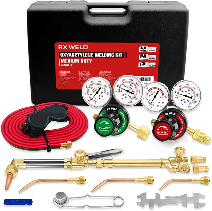 RX WELD Medium Duty Torch Kit with Check Valves - Oxy Acetylene Cutting, Welding & Brazing Tool Set (CGA540/CGA510)