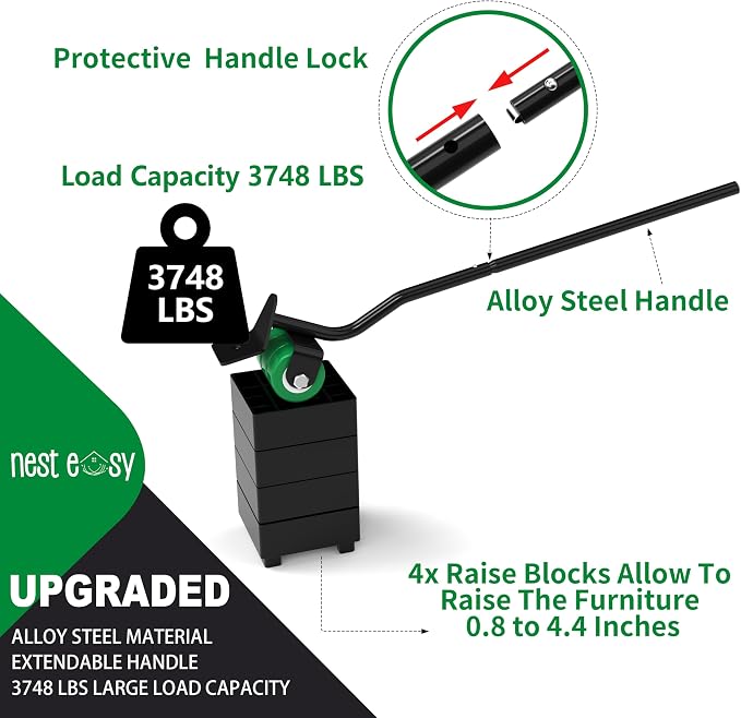 NEST EASY Upgraded Heavy Duty Furniture Dolly 360° Rotating 5 Wheels, Alloy Steel Furniture Movers Up to 3748 lbs/1700 Kg Load Capacity with Measure Tape and Leveler (8.6x7.8 in)