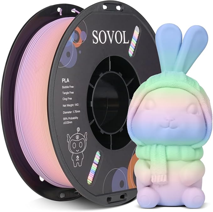 Sovol 3D Printer Matte Multicolored Fast Change Rainbow PLA 1kg (2.2 lbs) Spool 3D Printing Materials, Dimensional Accuracy +/- 0.03 mm, 1.75 mm, Matte Macaron Rainbow
