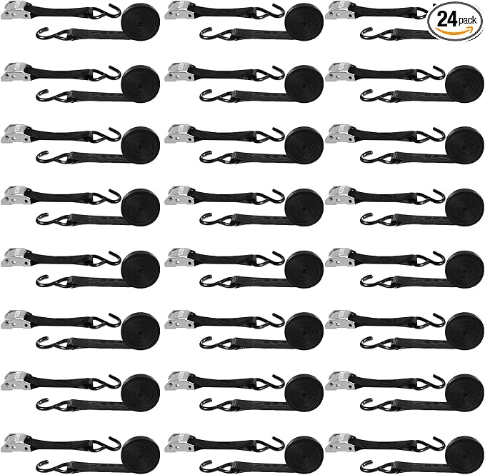Riakrum 24 Pcs Cambuckle Tie Down Straps 1763lbs Break Strength Securing Straps 1'' x 15 ft Cambuckle Tie Downs with S Hook for Motorcycle, Kayak, Car, Truck, Boat Moving, Securing Cargo (Black)