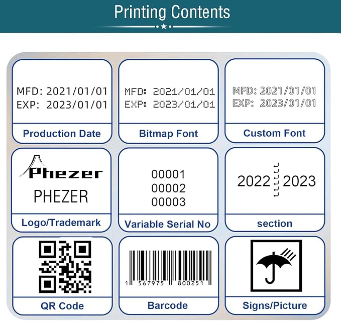 Phezer P15 Handheld Inkjet Printer for Flat Surface 0.5 Inch Nozzle for QRCode Barcode Production Date Time Logo Batch Number Print On Glass Bag Carton Box Wood Cloth Plastic Cable (25 Languages)