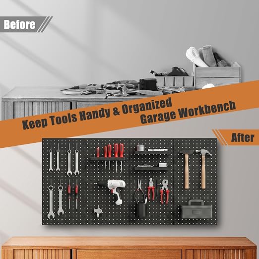 PBHEPJ 4 Pcs Metal Pegboard Panels, Heavy Duty Peg Boards for Garage and Garden Tool Storage, Includes Drywall Anchors and Screws Kits, Black