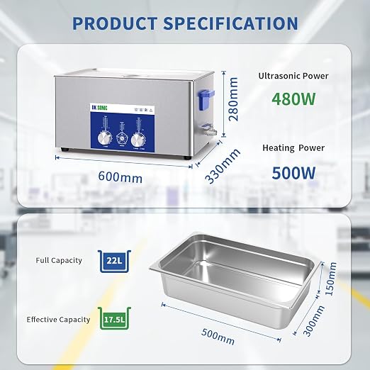 DK SONIC Ultrasonic Cleaner 22L 480W, Ultrasonic Carburetors Cleaner with Power Adjustable Encoded Control and Five Modes for Parts,Circuit Board,Engines Cleaning