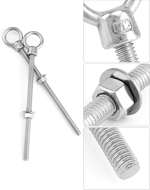 QWORK 316 Stainless Steel Machinery Eye Bolt with Shoulder, 5 Pack 5/16"x6" Long Stainless Steel Marine Grade Shoulder Eye Bolt, Threaded Eyebolts