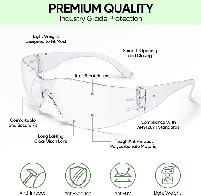 TICONN Clear Safety Glasses for Men and Women, Safety Goggles with Scratch Impact Resistant Meets ANSI Z87.1 Standard