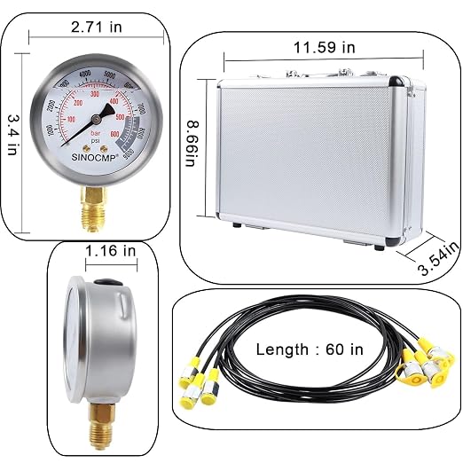 Hydraulic Pressure Test Kit with 3 Gauges 25/40/60 Mpa, 9 Couplings, 3 Test Hoses, Hydraulic Gauge Tester Set for Excavator Construction Machinery