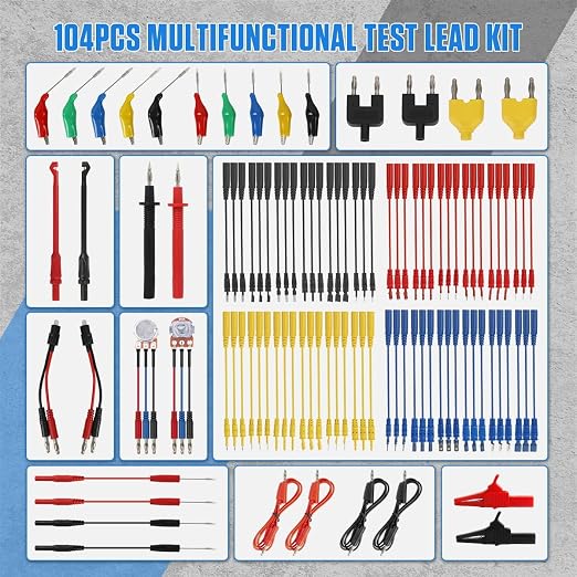 Multimeter Test Leads Kit 104PCS Multimeter Leads Kit Multi Function Electrical Back Probe Kit Efficient Automotive Circuit Test Leads Kit Relay Wire Terminal Test Diagnostic Tool with Alligator Clips