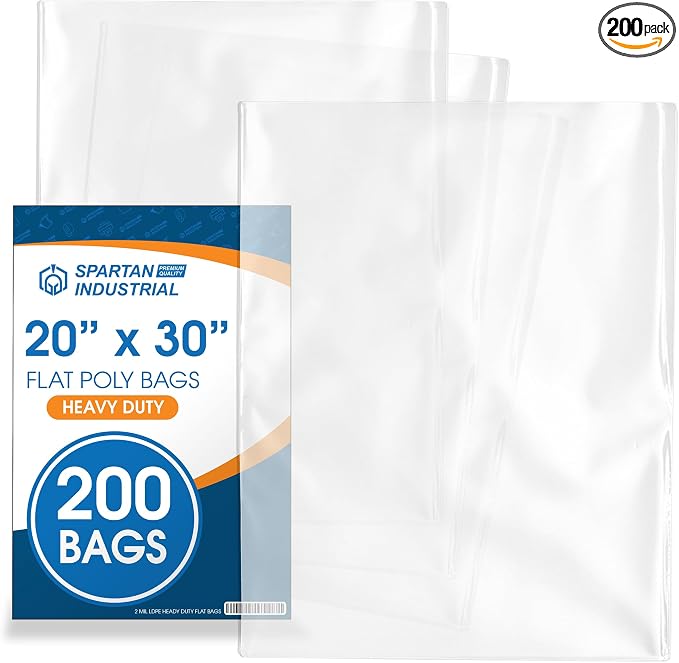 20" X 30" Open-End Flat Clear Poly Bags (200 Count) - 2 Mil Clear Plastic Bags for Packaging, Shipping, Storage - No Adhesive Strip - Spartan Industrial
