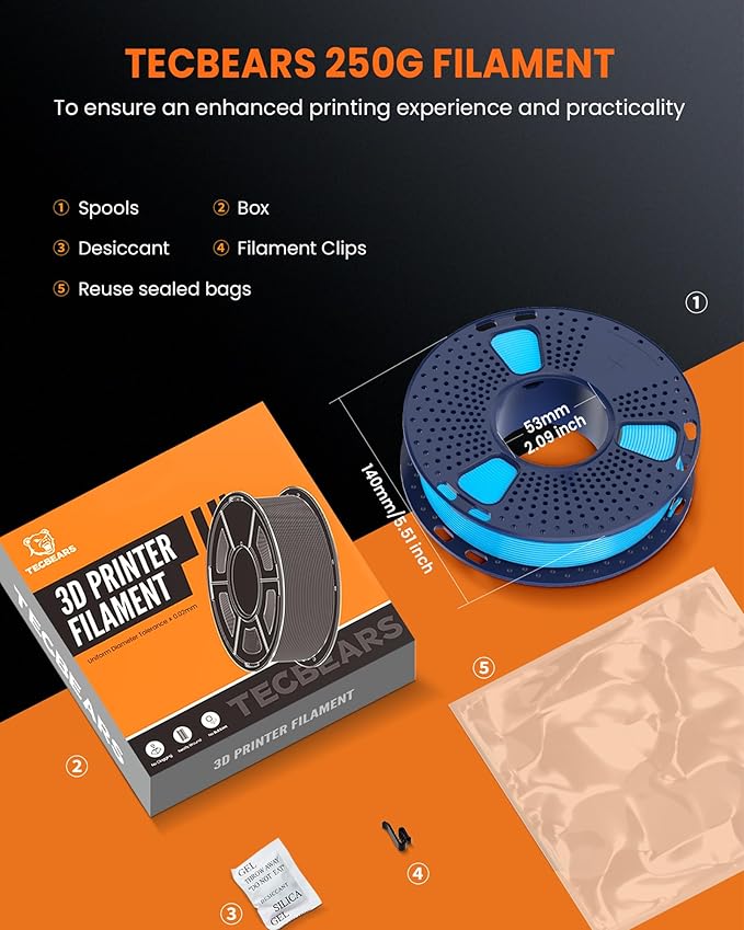 TECBEARS Glow in The Dark PLA Filament, Neatly Wound Luminous PLA 3D Printer Filament Bundle, 250g/Spool, 2 Spool of PLA Black/White and 6 Spools of Glowing PLA Blue/Green/Red/Yellow
