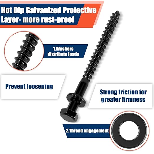 Tandefio 100 Pack 5/16''x4'' Hex Head Lag Bolts for Wood Ceramic Black Lag Screw Kit with Washers Heavy Duty Hot Dip Galvanized Coating Double Layer for Decks Fences