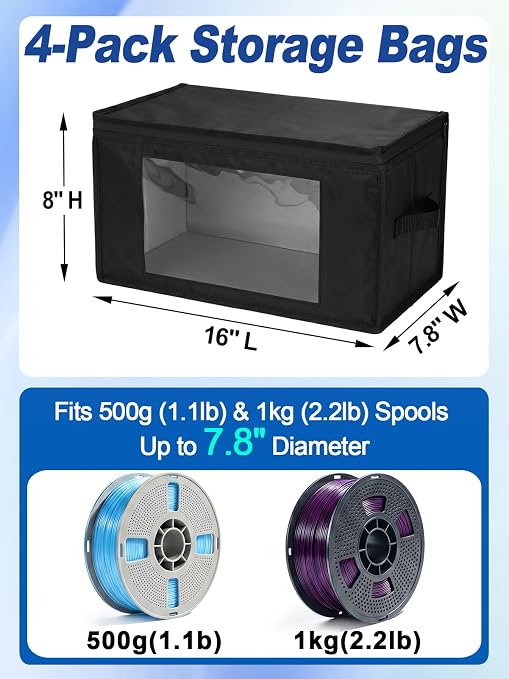 Waterproof Lining & Zipper 3D Filament Storage - Holds up to 24 Spools, 3D Printing Printer Accessories Square Filament Storage Dry Box for Home Office Studio, 16''Lx7.8''Wx8''H, 4pcs