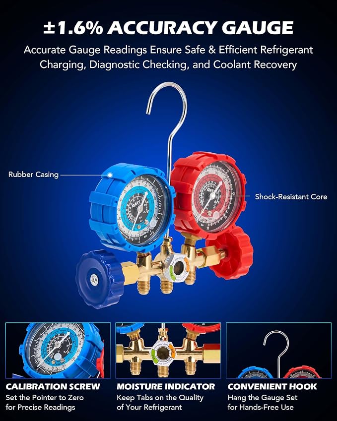 Orion Motor Tech AC Vacuum Pump and Gauge Set, 1/4 hp 3.5 cfm Vacuum Pump Manifold Gauge Kit with 3 Hoses Adapters & Accessories for R134a R12 R22 R502, A/C Vacuum Pump Kit for Auto HVAC Systems