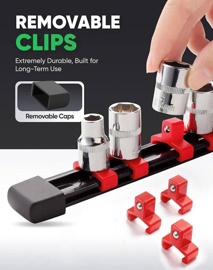 ALOANES 12PC Socket Organizer, Socket Rails Fit 1/2", 1/4" and 3/8" Drive | Heavy Duty ABS Socket Holders Hold up 172 Sockets for Toolbox Drawer Bags(Red)