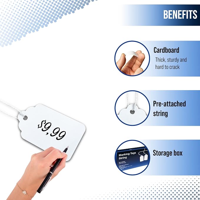 EasyTwelve - Price Tags with String Attached – 1000 White Hang Tags, 1.75 x 1.093 in, String Tags for Clothing, Jewelry, Retail, Garage Sale