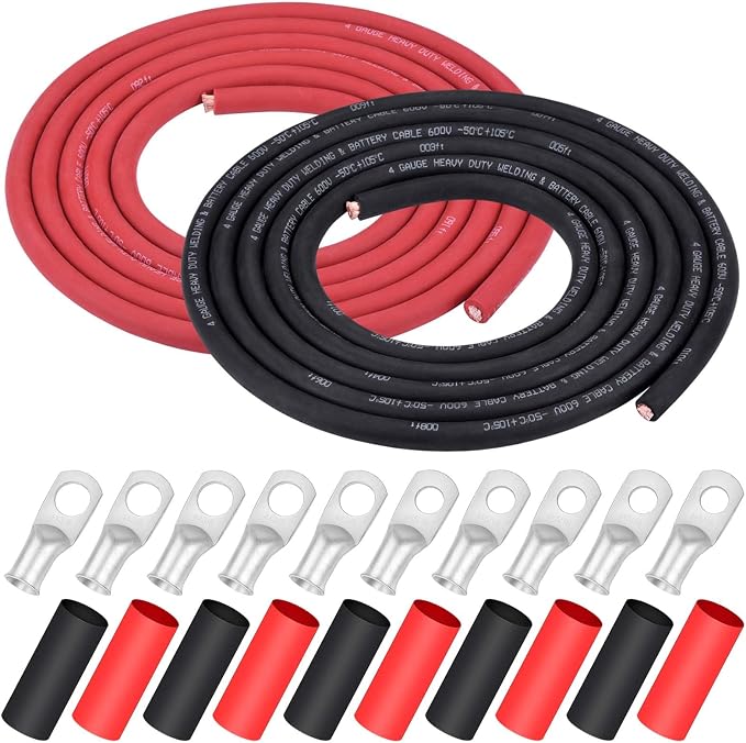 iGreely 4 AWG Gauge Wire Pure Copper Welding Battery Cable for Vehicle Solar,10Ft Black+10Ft Red Flexible OFC Cables with 5pcs of 5/16"" & 5pcs 3/8"" Copper Lug Terminal Connector Heat Shrink Tubing