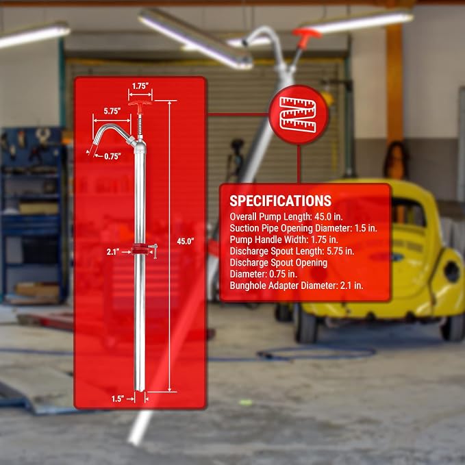 TERA PUMP Fast Flow Manual Powered Lift Action Steel Drum Light oil (up to 40), Hydraulic Fluid, Portable Heavy Duty Pump For Use On 15, 30, and 55 gallon drum barrel w/Telescopic Tube
