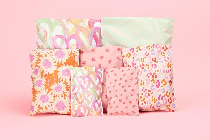 Pretty Package Store Poly Mailer 6x9, 100 Pack, Happy Hearts | Heavy Duty, Waterproof, Self Seal, Tear Resistant, Shipping Bags for Small Business Packaging, Bulk Mailing Envelopes