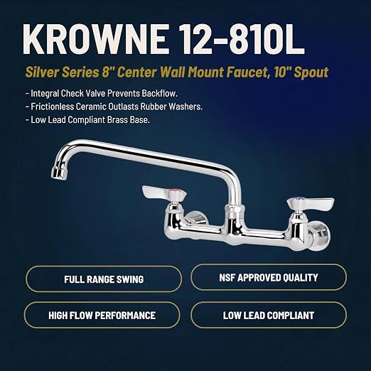 Krowne 12-810L Wall Mount Faucet, Silver Series, 8" Center Splash-Mounted, Heavy Duty Low Lead Faucet with 10" Swing Spout, 1.8 GPM, Chrome-Plated, NSF, 12-3/8"W x 10" D x 4-3/8"H