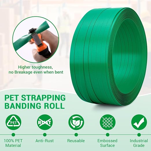 Heavy Duty PET Strapping Banding Roll, 5/8"x1300' Packaging Strapping Banding Roll, 1500 lbs Break Strength, Pallet Strapping Banding Strapping Coil with 150 PCS Metal Seals &SelfDispensing Box
