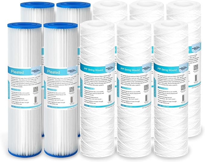 Membrane Solutions 20 Micron String Wound & 50 Micron Pleated Sediment Water Filter Cartridge, 10"x2.5" (Pack of 10)