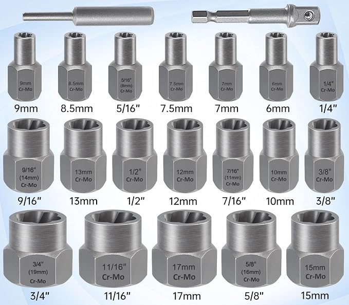XEWEA 21PCS Bolt Nut Extractor Set, 3/8" Drive Easy Out Broken Lug Nut Extraction Remover Socket Set for Damaged, Frozen,Studs,Rusted, Rounded-Off Bolts & Nuts Screws