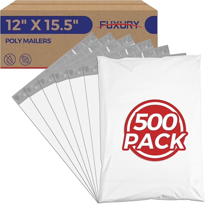 Fuxury Poly Mailers 12x15.5" 500 Pack,White Bulk Shipping Bags for Clothing | Bulk Pack Mailers Poly Bag,Strong Adhesive Packaging,Self Seal Mailing Envelopes for Small Business,Boutique & Online Sellers