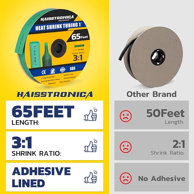 haisstronica 3:1 Heat Shrink Tubing, Shrink Ratio Adhesive Lined Marine Grade Heat Shrink Tube for Home, Automotive and Industrial (Green) 65FT 1inch