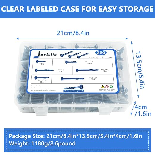 350 PCS Pocket Hole Screws Assortment Kit, 5 Sizes #8 x 1, 1-1/4", 1-1/2", 2", 2-1/2",Square Drive Self Tapping Coarse Thread Wood Screws Set, Blue Coated, Drive Bit Included Suitable for Outdoor