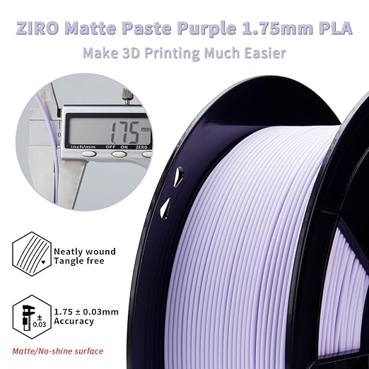 ZIRO Matte PLA Filament, Shine-Free Finish 1.75mm 3D Printer Filament, Pastel Colors PLA Series, 1kg/2.2lbs Spool, Dimensional Accuracy +/- 0.03mm, Fit Most FDM 3D Printers, Pastel Purple(Matte)