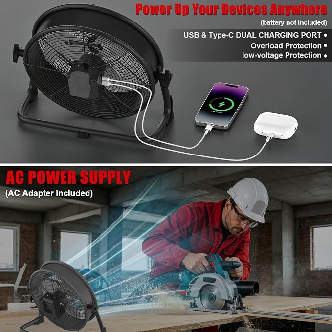 T-SUNiceM 16" Cordless Jobsite Fan Compatible with Milwaukee M18 18V Batteries, Battery Powered Floor Fan with AC Adapter, 2500 CFM Strong Airflow, Adjustable Speed, Tilt Head, USB Output, Tool Only