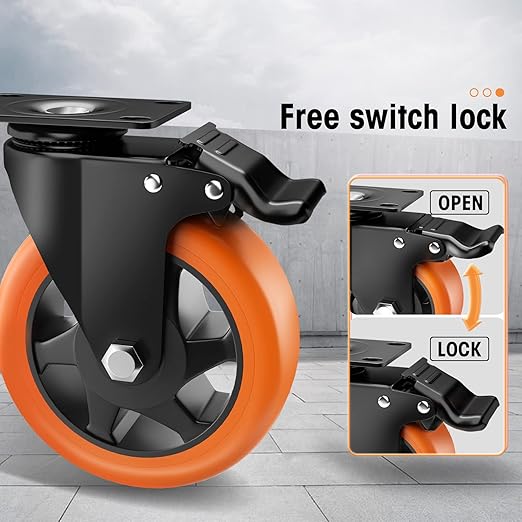 Casters, 5" Caster Wheels，Casters Set of 8 Heavy Duty - ASRINIEY Orange Polyurethane Castors, Top Plate Swivel Wheels, 8-Pack Industrial Casters with Brake, Locking Casters for Furniture and Workbench