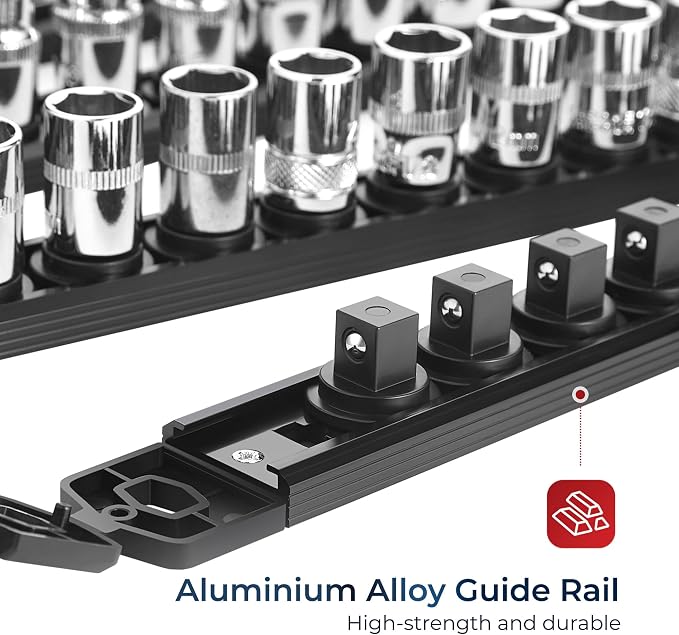 Reniteco Magnetic Socket Organizer Set, 3PC 3/8-Inch Drive Aluminum Alloy Socket Rail, Heavy Duty Magnetic Socket Holder for Tool Box Drawer, 360° Swivel Socket Rack, 3/8" x 42 Clips, Black