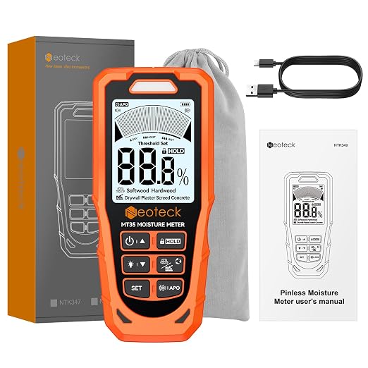 Neoteck 6 in 1 Pinless Moisture Meter 19mm Digital Moisture Detector ±2% Accuracy Wood Moisture Reader with Audible &Visual Alarm and 2.9inch LCD Display for Wood Wall Concrete Drywall Plaster Screed